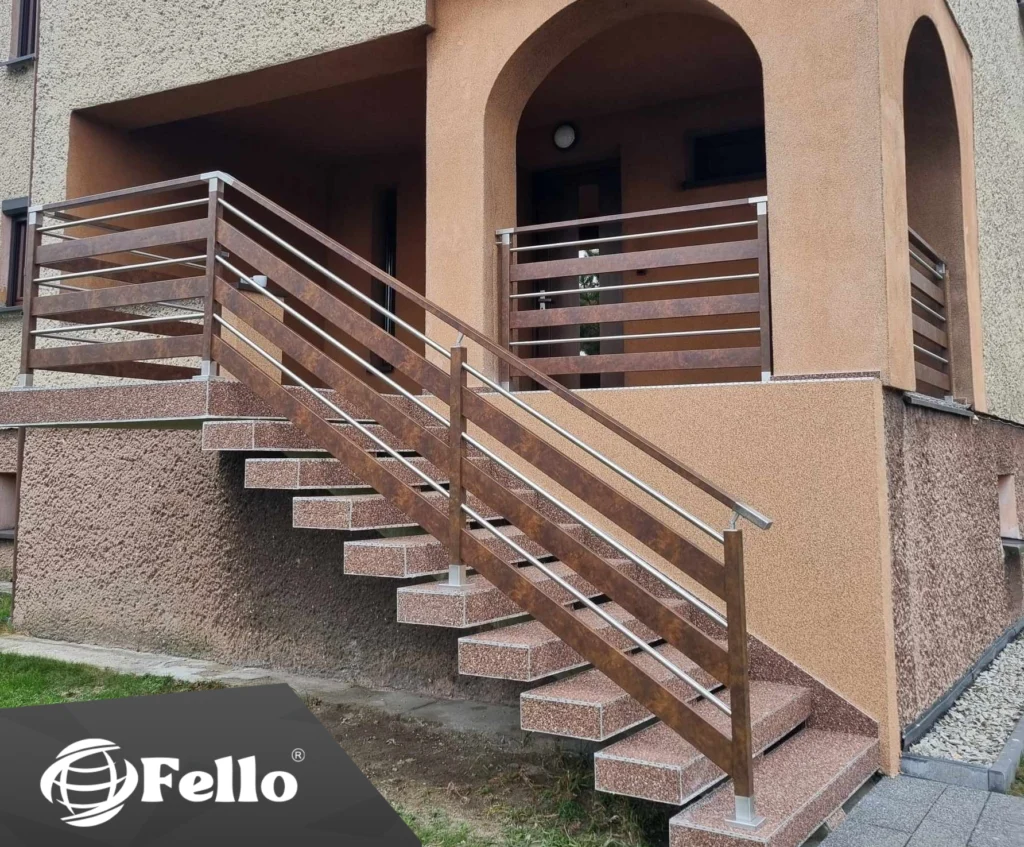 Geländer Fello Modell Diverse in Cortenoptik an einer Außentreppe